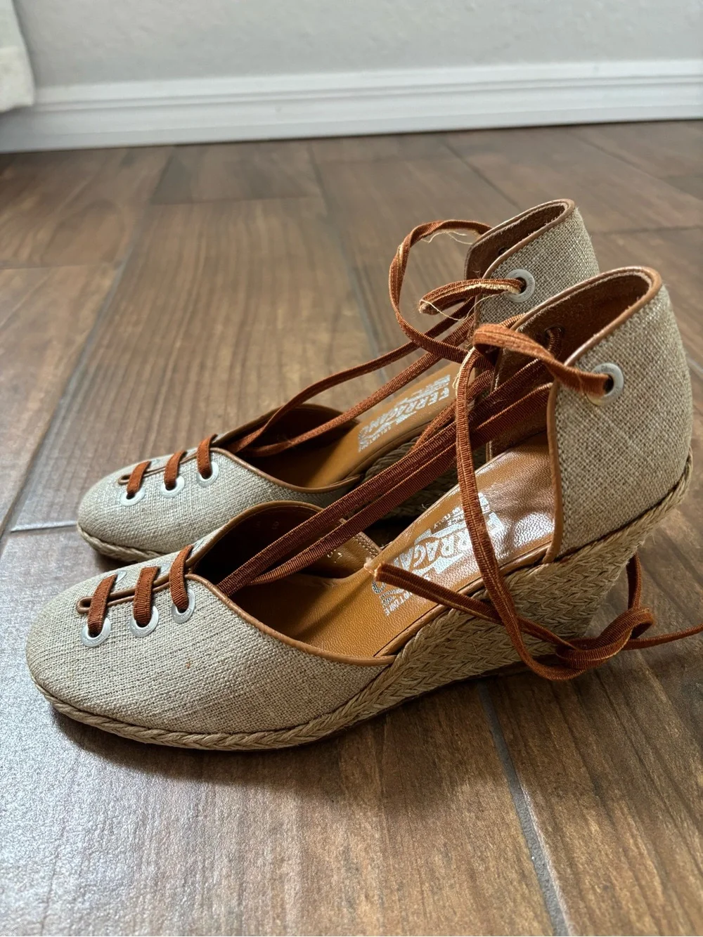 Salvatore Ferragamo Jute Fabric and Leather Espadrille Wedge Pumps Size 8